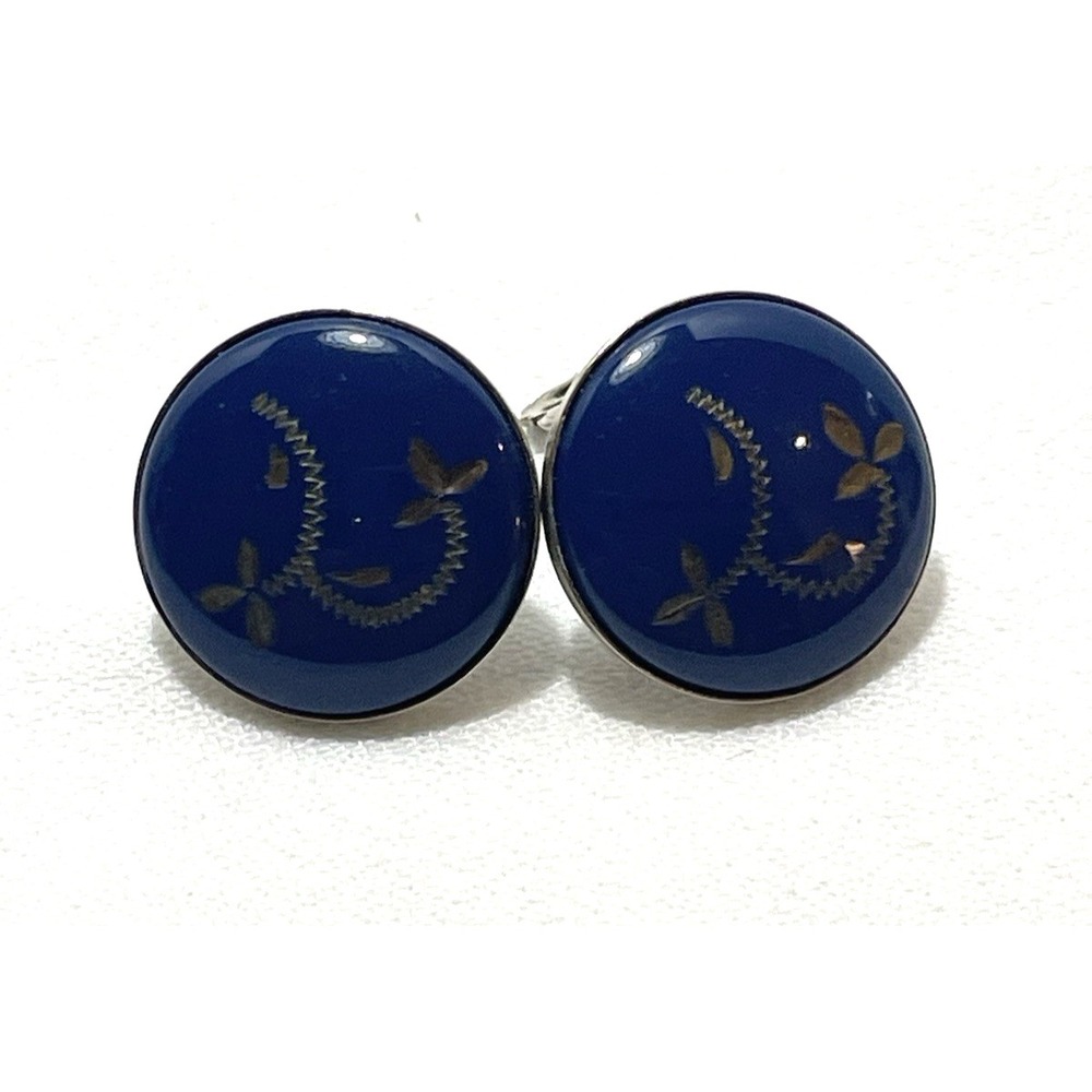 Clip Earrings Navy Blue Enamel Etched Gold Toned Floral Vintage 1" D